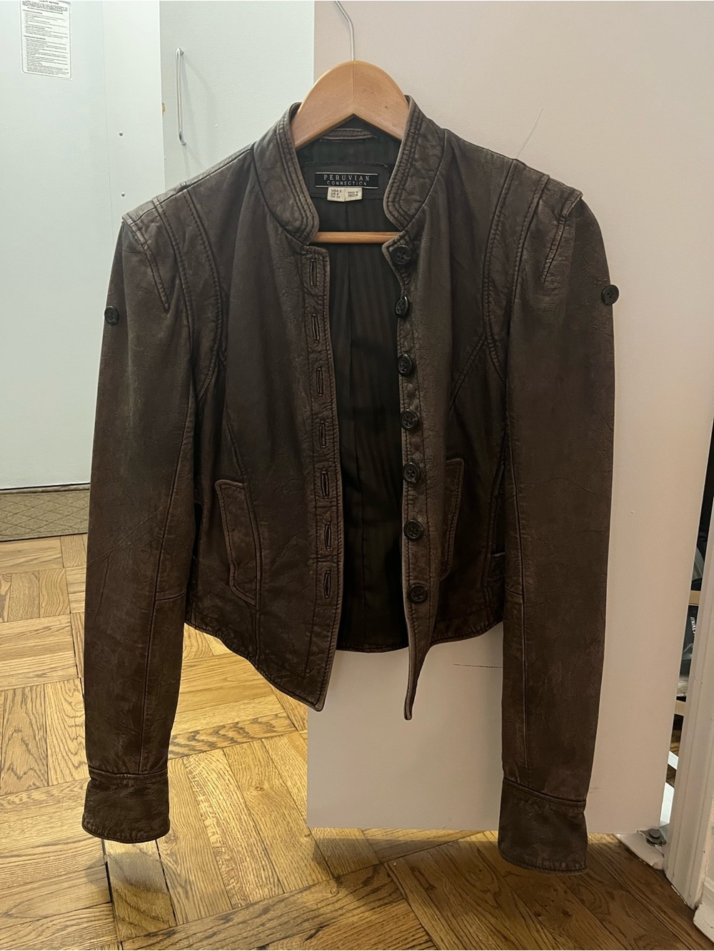 Peruvian Connection Brown Leather Button-Front Moto Jacket